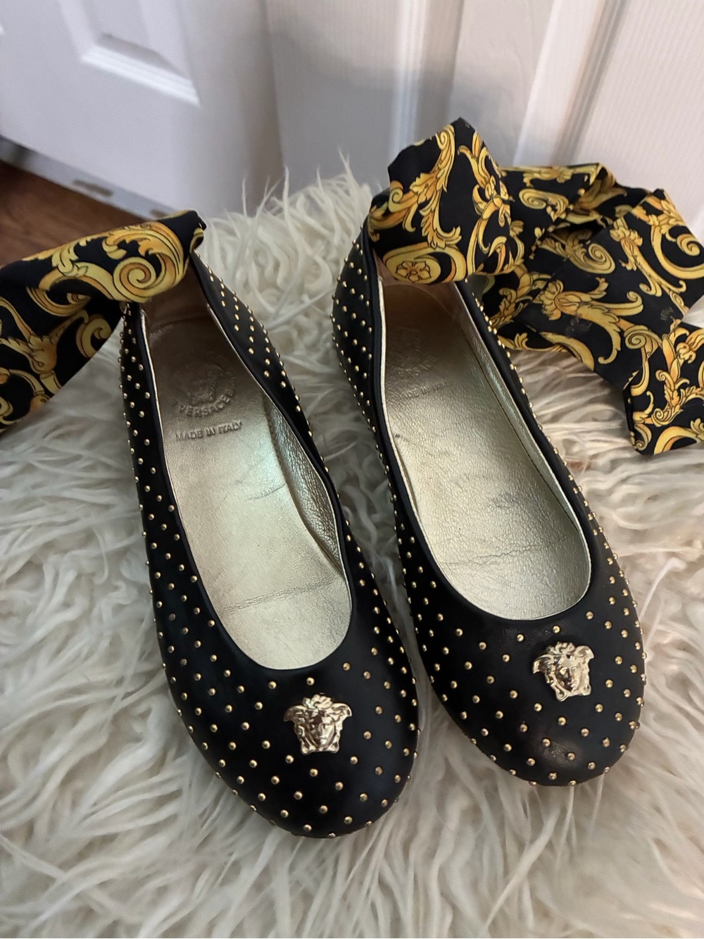 Versace Black and Gold Studded Ballet Flats with Medusa Charm